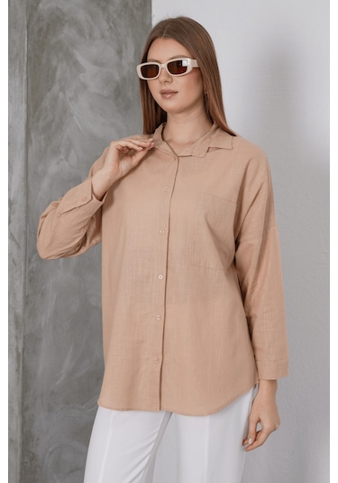 Paw Garage Kadın London Keten Tek Cepli Oversize Gömlek, Premium Kalite Keten Gömlek Açık Kahve