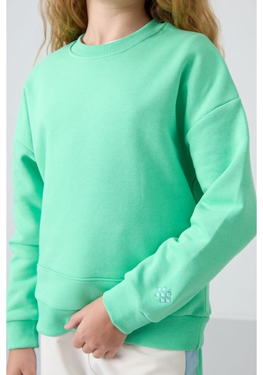 Tommy Life Su Yeşil Pamuklu İçi Tüylü Yumuşak Dokulu Oversize Nakışlı Kız Çocuk Sweatshirt - 75150 Su Yeşili