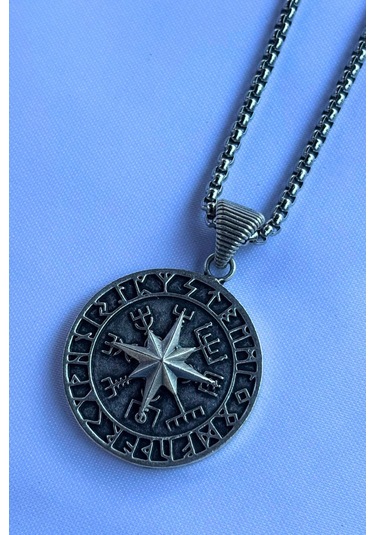 Vegvisir Pusulalı El İşçiliği Paslanmaz Çelik Zincir Erkek Kolye Gümüş