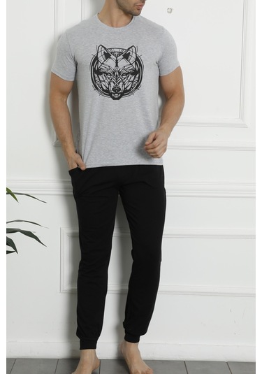 Erkek Pijama Takımı Kısa Kollu Cepli Pamuk 3 Lu Set Bermuda Şort Kurt Baskılı Gri Nıc1059 R09 Gri