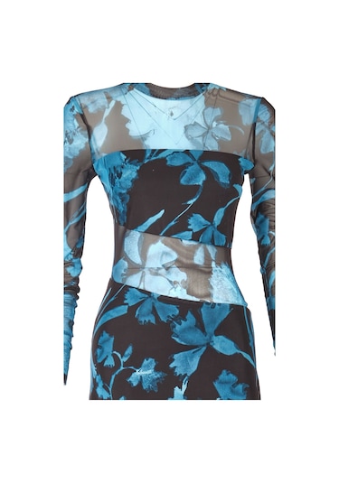 Explosion Uzun Kol Midi Şeffaf Elbise - Çiçek Desenli - Bohemian Stil Turkuaz