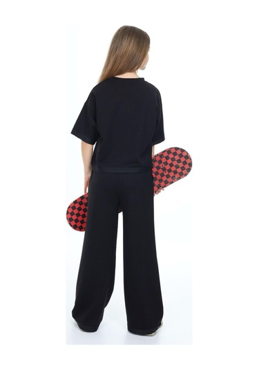 Kız Çocuk %100 Pamuk Oversize Yarım Kol Alt-üst Eşofman Takım-eşt-0012 Siyah