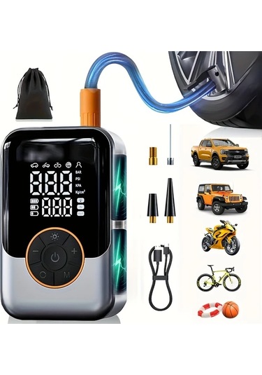 Oldfriend 1 Adet Gümüş Renk Taşınabilir Araba Pompası, Kablosuz Led Işıklı Dijital Basınç Göstergeli