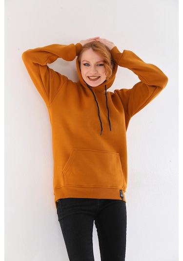 Everest Everst Kapüşonlu 3 İplik Şardonlu Cepli Sweatshirt Hardal