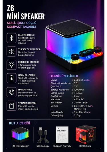 Jrl Z6 Mini Rgb Işıklı Kablosuz Bluetooth Hoparlör - Mekanik Klavye Tuşlu, Speaker