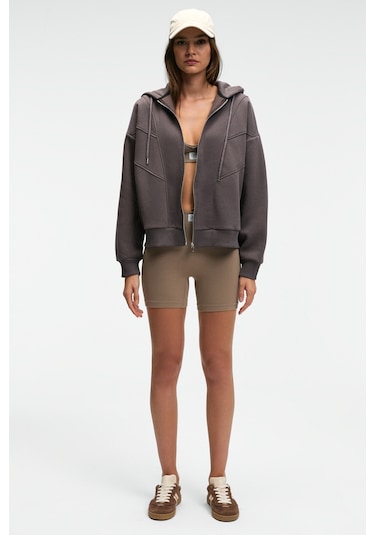 VYSELLE Kadın Önü Kesikli Metal Fermuarlı Kapüşonlu Etiket Detaylı Oversize Antrasit Sweatshirt