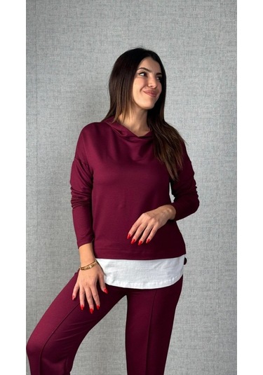 S-pazarım Kadın Uzun Kollu Kapşonlu Bağcıklı Viskon Iki Iplik Bluz Ve Pantolon Ikili Takım Bordo