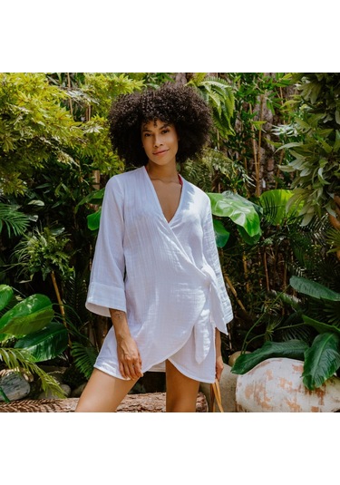 Pamuk Dokuma Kruvaze Kuşaklı Kadın Müslin Plaj Elbisesi - XS - S Beyaz