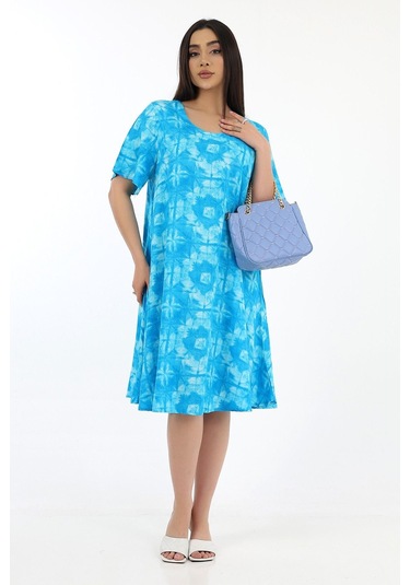 Schık Kadın Viskon Yarım Kol Kare Yaka Elbise Turkuaz Turkuaz