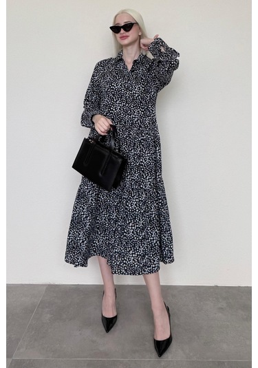 Madmext Siyah Uzun Kollu Düğmeli Desenli Elbise Mg2431 Siyah