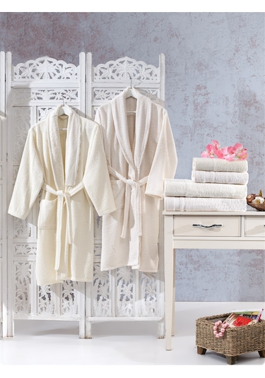 Family Dantelli Krem & Krem Aile Bornoz Seti 6 Parça Çeyizlik Kad Krem