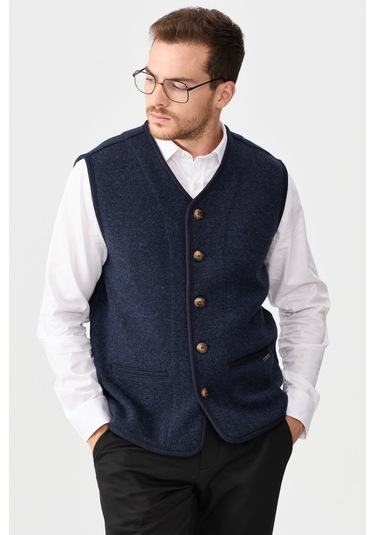 Erkek V Yaka Keçe Aksesuarlı Pike Dokuma Yün Yelek K.lacivert K.lacivert