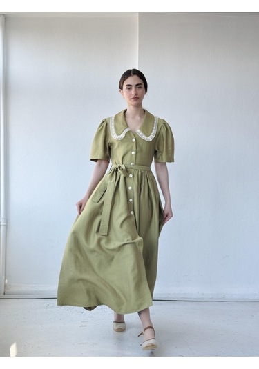 Retrobird 1950'li Yılların Tasarımı Dantelli Betty Maxi Uzun Elbise Kadın Çağla-13916 Çağla Yeşili