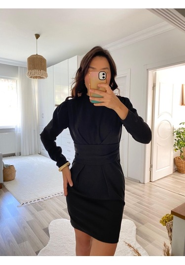 Kadın Uzun Kollu Bisiklet Yaka Bel Kemer Detay Ithal Krep Elbise