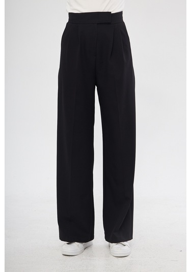 Siyah Yüksek Bel Pileli Kadın Kumaş Palazzo Pantolon Siyah