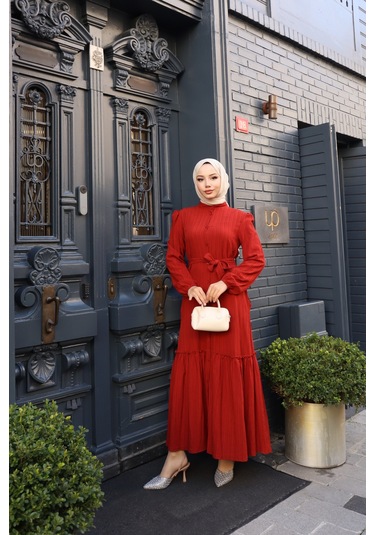 Kadın Kiremit Boydan Düğmeli Eteği Piliseli Kuşaklı Lara Keten Uzun Tesettür Elbise Kremit Kiremit