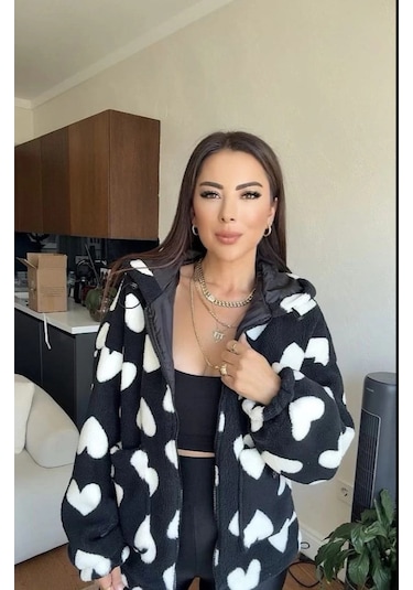 Kalpli Peluş Ceket İçi Astarlı Siyahbeyaz Siyah