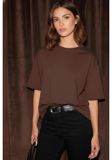 Soft&Basic Kadın %100 Organik Pamuk Oversize Fit Basic Yuvarlak Yaka T-shirt Kahverengi