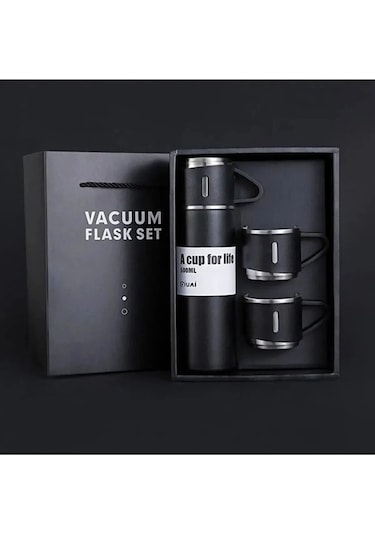 Paslanmaz Çelik 3 Bardaklı Vakumlu Vacuum Termos Set 500 Ml, 12 Saate Kadar Isı Koruma Termos Gri