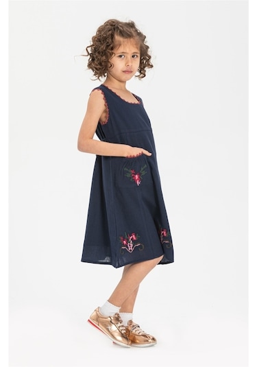Burçak Şile Bezi Kız Çocuk Elbise Lacivert Lcvt