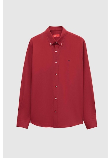 Ds Damat Slim Fit Bordo Oxford Düğmeli Yaka Kolay Ütülenebilir Nakış Detaylı Pamuklu Gömlek 4HC02ORT03265 Bordo