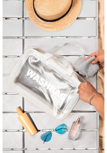 Porsima 3142-1 Şeffaf - Beyaz Seyahat Ve Makyaj Çantası Su Geçirmez Organizer Washbag 20x30cm