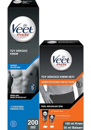 Veet Men Hassas Tüy Dökücü Krem 200 ML + Özel Bölgeler İçin Tüy Dökücü Krem 100 ML + Balsam 50 ML