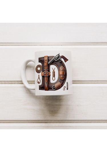 D Harfi Kovboy Temalı Bardak 330 Ml İsim / Harf Kişiye Özel Hediye - Vahşi Batı Konsept Beyaz