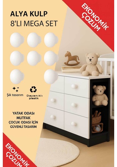 Alya Kulp Beyaz 8 Adet Mobilya Dolapyatak Odası Şifonyer Genç Ve Çocuk Odası Kulpu Beyaz
