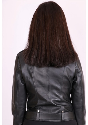 Siyah Hakiki Deri Yakalı Kemer Detaylı Spor Kısa Mont