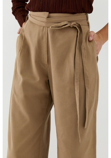 Kemer Detaylı Yüksek Bel Palazzo Pantolon Bej Bej