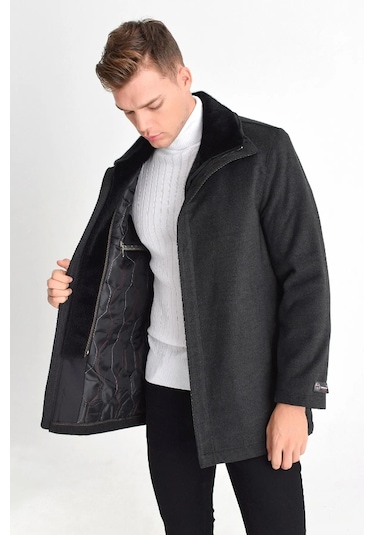 Erkek Antrasit Çift Yaka Kürklü Önü Fermuarlı Kaşe Kaban Antrasit