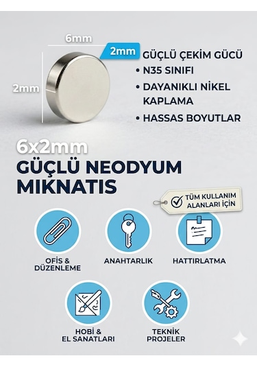 Yuvarlak Neodyum Güçlü Mıknatıs Çap 6mm Kalınlık 2mm 6mm X 2mm 100 Adet