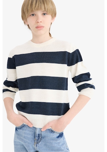 Defacto Erkek Çocuk Bisiklet Yaka Çizgili Triko Kazak C1710a825auer113 Ekru