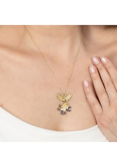 Kayra Mücevher Kraliçe Lacivert Taşlı Anka Kuşu Altın Kaplama Kolye