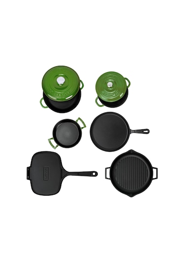 Lava Döküm 6x Trendy Serisi 9 Parça Tencere & Tava Seti Yeşil Kırmızı