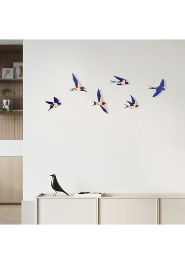 Cajuart Dekoratif 6 Parça Mavi Kırlangıç Ahşap Duvar Tablo Duvar Dekoru