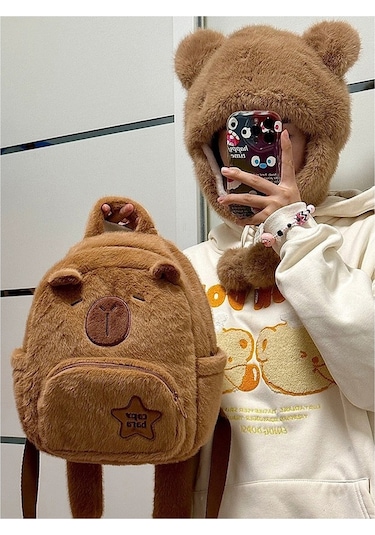 Didadodo Sevimli Ve Çok Yönlü Güzel Tasarım Capibala Peluş Sırt Çantası Kahverengi