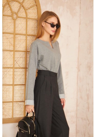 Kadın Ekstra Uzun Duble Kol / Yakası Yırtmaçlı Salaş Sweatshirt Bluz 3470190 Gri