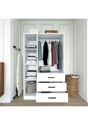 Easy Mat Beyaz 3 Kapılı 3 Çekmeceli Çok Amaçlı Elbise Dolabı Beyaz