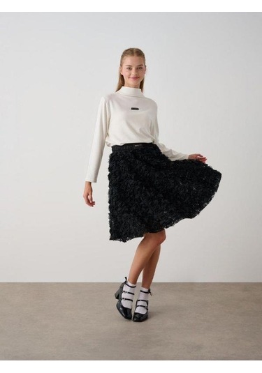 Kız Çocuk Beli Lastikli Gül Desenli Etek-14787 Siyah