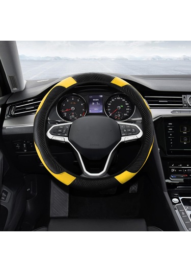 Yifomall Kabuk Deri 37-38cm Universal Direksiyon Kılıfı - Karbon Fiber Stili, Kaymazsız, Soluk, Dayanıklı, Sarı Sarı