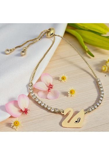 Archin I Harfine Özel Kuğu Kuşu Motifli 14 Ayar Altın Plakalı Beyaz Taş Detaylı Hediye Bileklik-601harf I