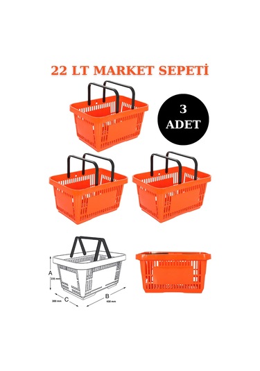 3 adet 22Litre Market ve Alışveriş Sepeti, Saplı Market Sepeti T