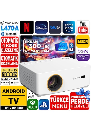 Vankyo Leisure L470A Android TV 1080P Destekli 6G Wi-Fi + Bluetooth 5.2 Projeksiyon Cihazı Beyaz