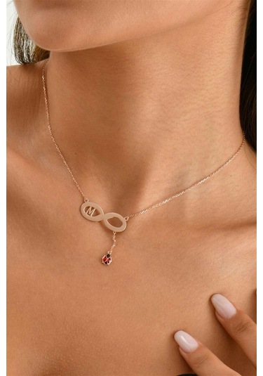 Harfli Uğur Böcekli Sonsuzluk 925 Ayar Gümüş Kolye-1564