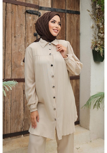 Büzgü Detaylı Tesettür Bej Takım Bej