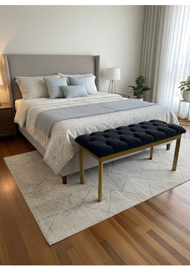 Loft Kapitone Döşeme Metal Gold Ayaklı Puf & Bench - 105x40 Cm Siyah