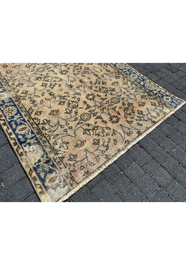 El Dokuma 115x175 Eskitme Vıntage Dekoratif %100 Yün Mavi Krem Mavi