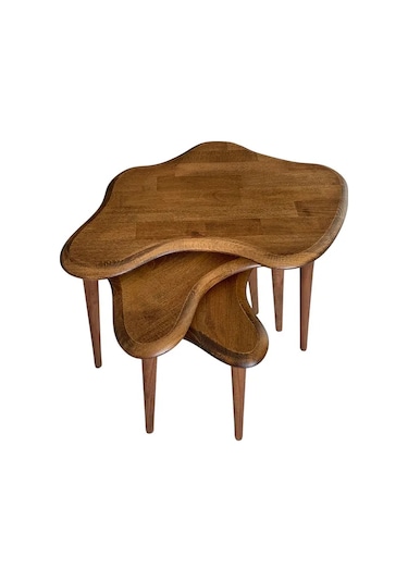 Fawdecor Asimetrik Masif Ahşap Zigon Sehpa Takımı 3'lü Set Ceviz